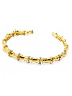 14K Gold Plated Bamboo Link Bracelet with Zircon Stones | Statement Jewelry